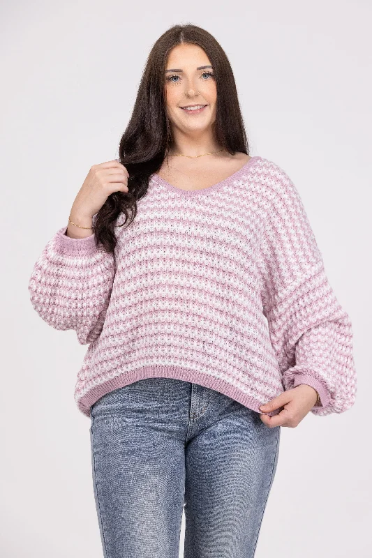 Love At First Sight Women's Striped Cable Knit U-Neck Sweater Edgy Women's Punk