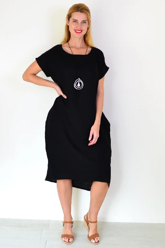 Black Short Sleeve Side Pockets Linen Dress Edgy Women's Punk