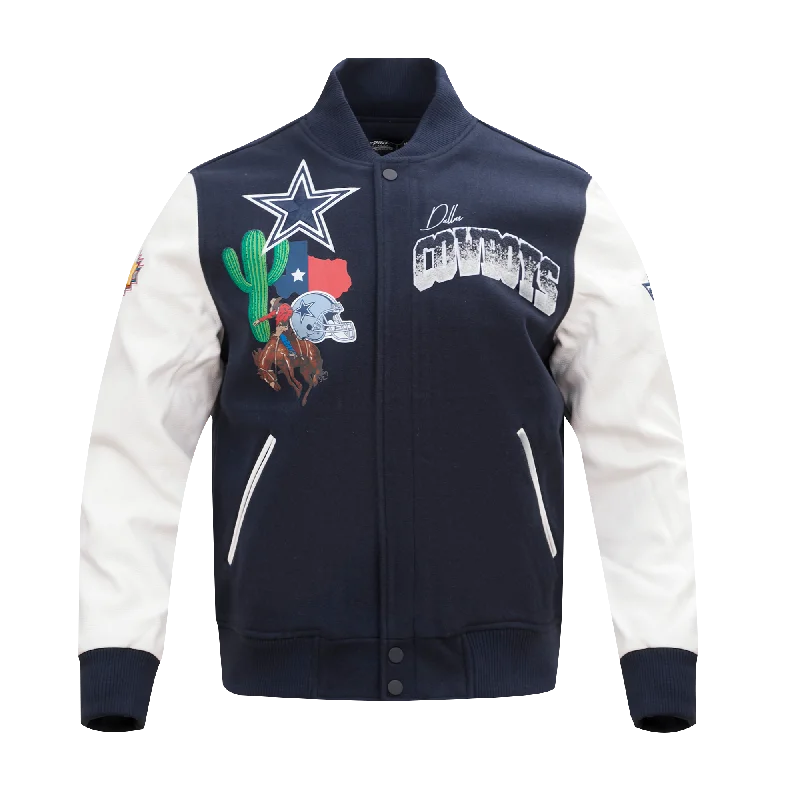 NFL DALLAS COWBOYS HOMETOWN WOOL MEN'S VARSITY JACKET (MIDNIGHT NAVY/WHITE) Cool Women's Distressed