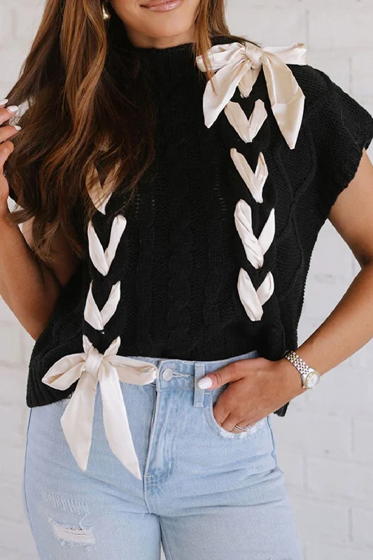 Lace-Up Mock Neck Short Sleeve Sweater Relaxed Women's Beachy