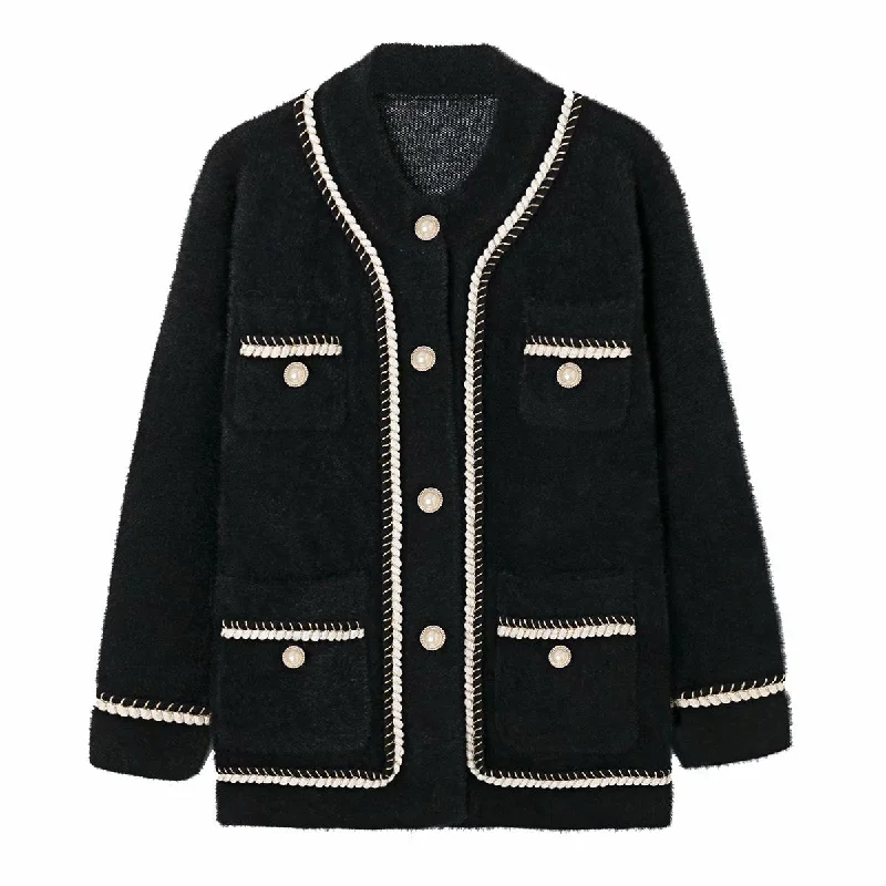 Autumn agaric lace contrast color small fragrance style women's cardigan sweater coat  1371 Dynamic Women's Moto