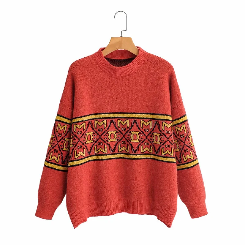 Women's pullover knitwear vintage art jacquard loose sweater  1345 Adventure