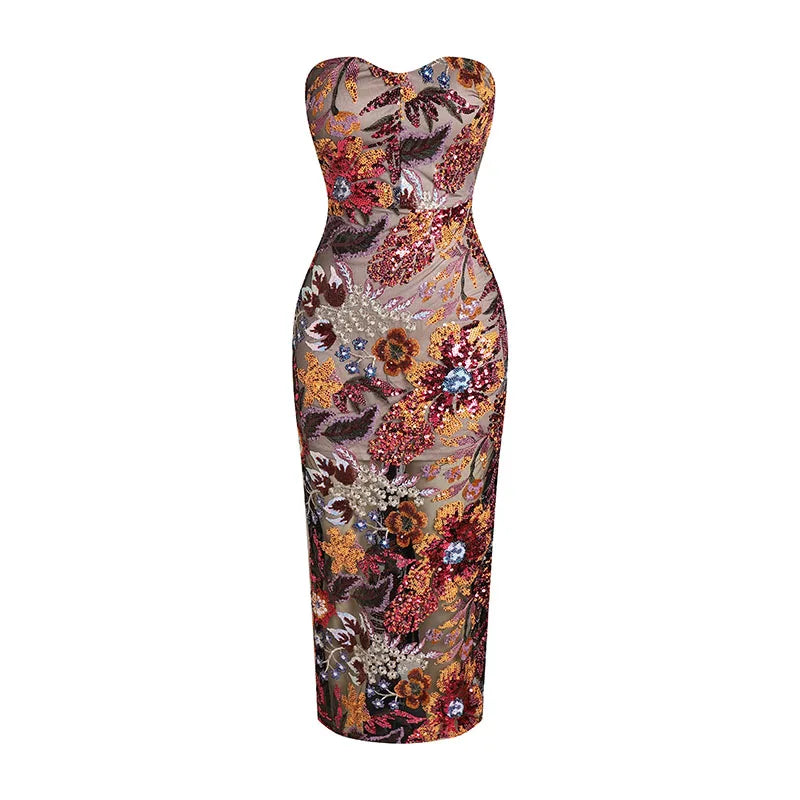 A&A Luxe Strapless Handmade Floral Sequin Maxi Gown Dress Confident Women's High - fashion