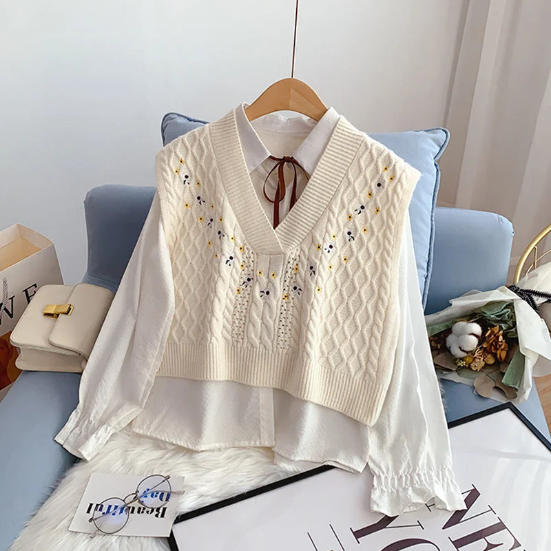 Embroidered knitted vest women's Vest sweater Waistcoat Vest  4934 French