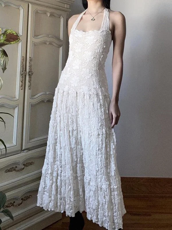 White Floral Lace Halter Maxi Dress Minimalist Women's Casual