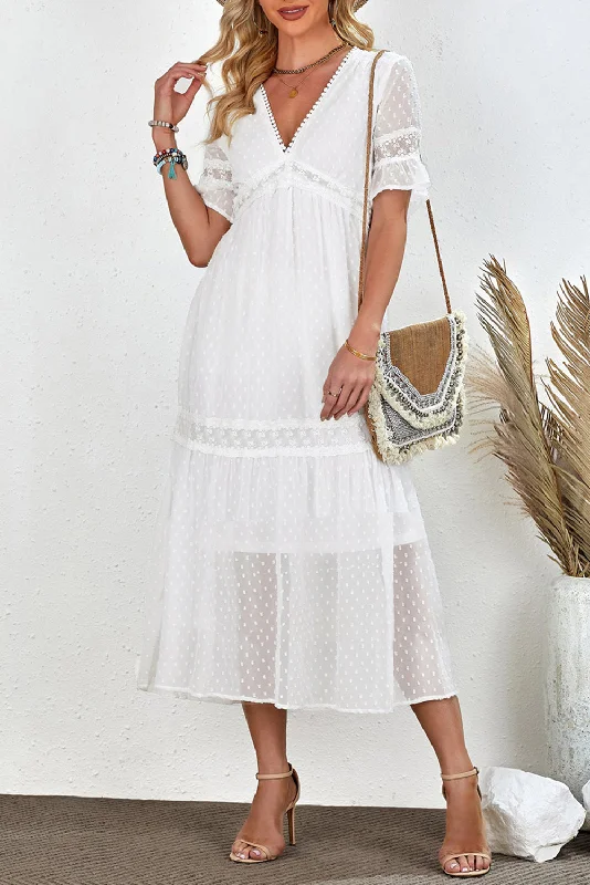 Swiss Dot V-Neck Short Sleeve Midi Dress Feminine Women's Style 