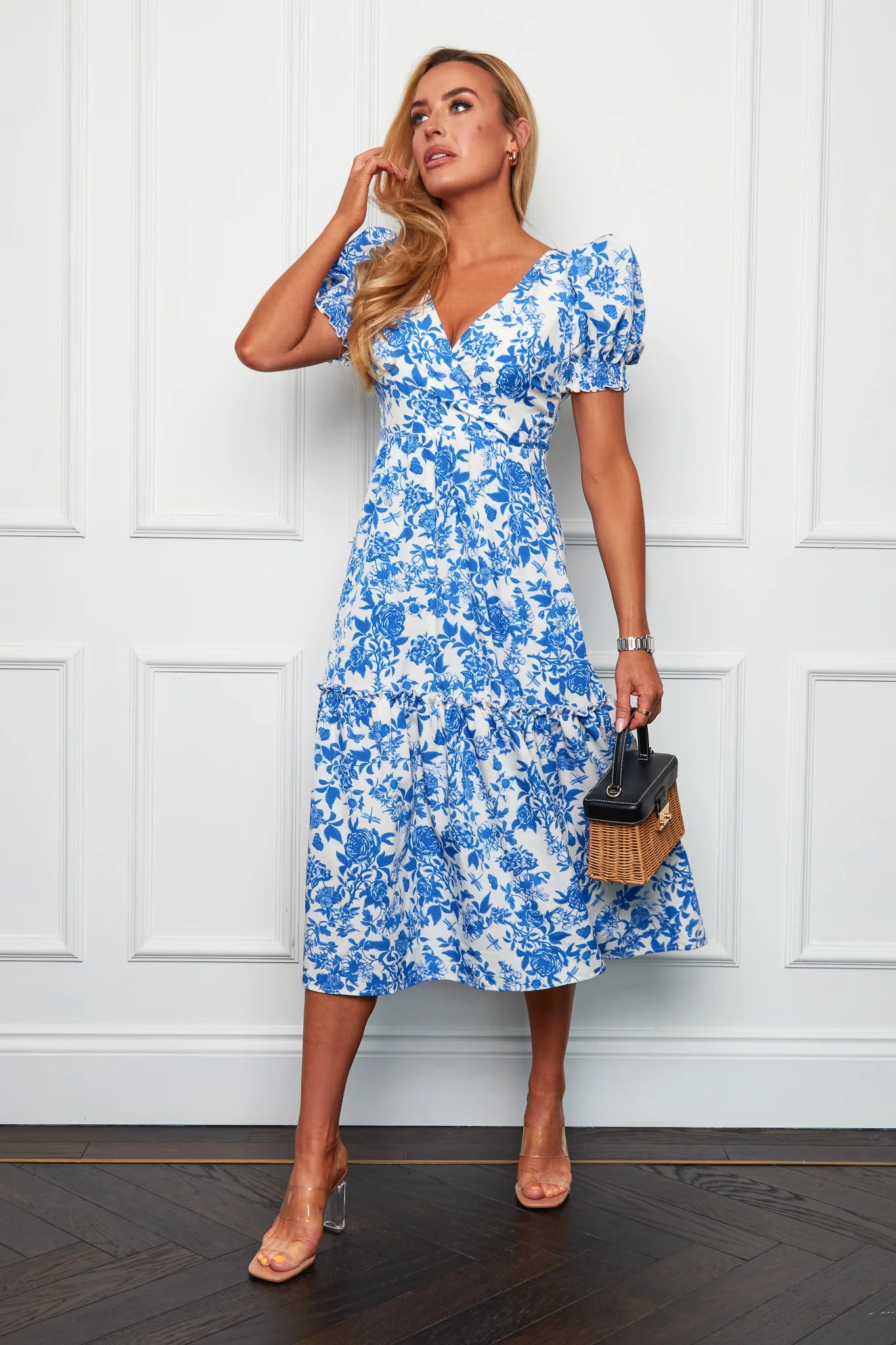 Girl in Mind Maya Wrap Tierred Midi Dress in Blue Floral French