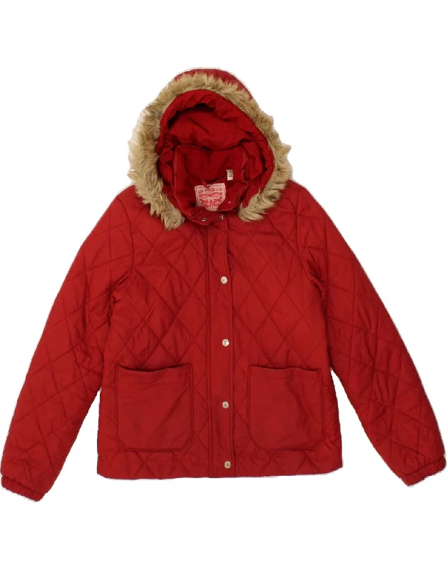 LEVI'S Womens Hooded Quilted Jacket UK 14 Medium Red Polyamide Women
