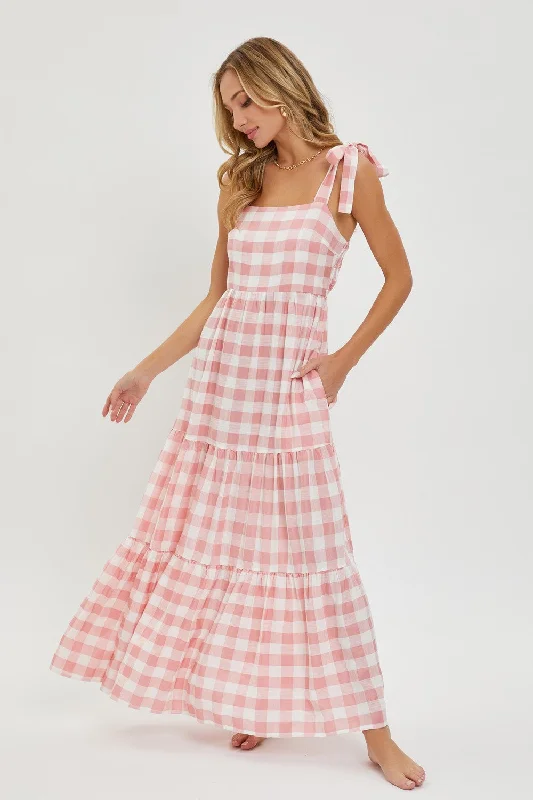 Pink Gingham Maxi Dress Monochromatic All - in - one