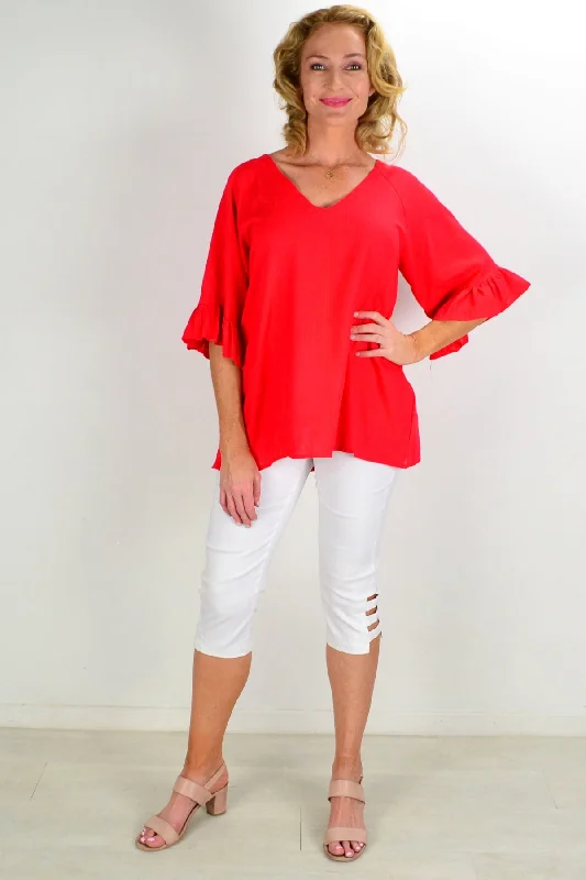 Red Razzle Dazel Ruffle Sleeve Tunic Top Modern Women's 