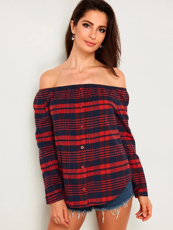 Custom Off The Shoulder Stripe Long Sleeve Irregular Hem Red T-Shirts Bohemian Women's Free Custom Off The Shoulder Stripe Long Sleeve Irregular Hem Red T-Shirts Bohemian Women's Free