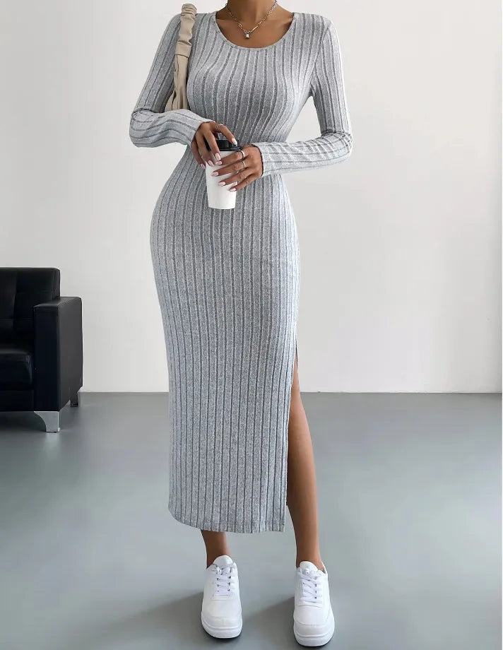 A&A Round Neck Long Sleeve Slit Midaxi Knit set Feminine Women's Soft 