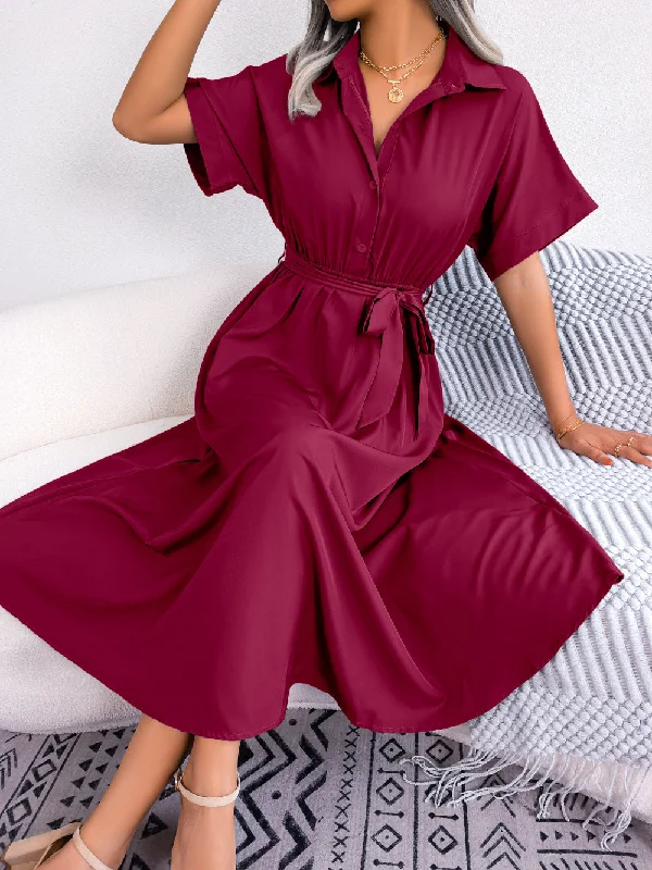 Short Sleeve Collared Tie Belt Dress Cozy Women's Winter