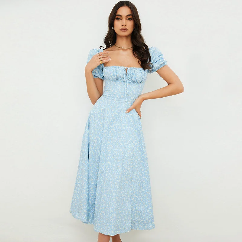 Daisy Printed Puff Sleeve High Slit Smock Maxi Sundress - Sky Blue Refined Women's Velvet