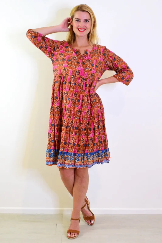 Orange Pink Rebecca Tie Neck Tunic Dress Tough Women's Military - inspired