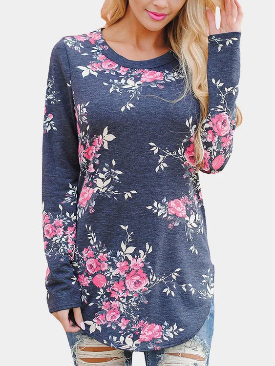 Custom Round Neck Floral Print Long Sleeve Curved Hem Grey T-Shirts Rugged Women's Outdoor 
