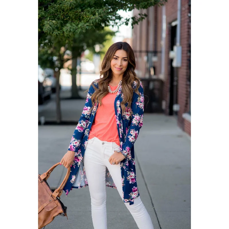 Floral Bouquet Printed Tunic Cardigan Contemporary 