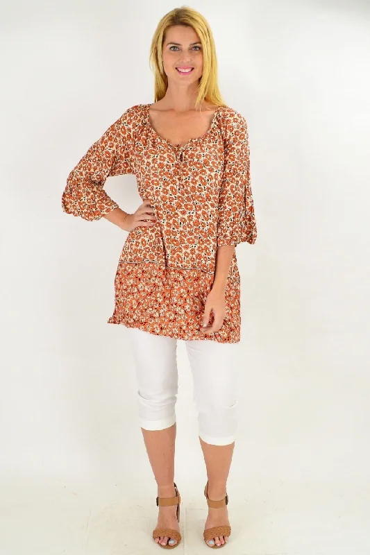Fresh Orange Flower Crinkle Tunic Top Gym