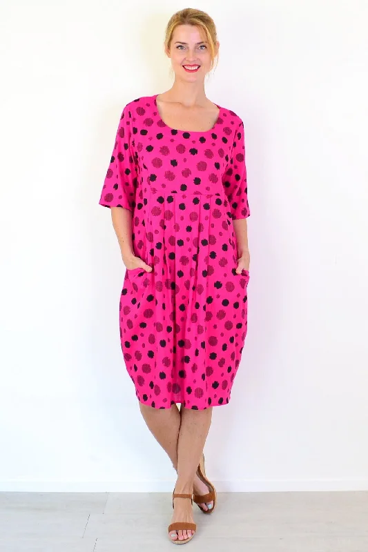 Hot Pink Dots Linen Blend Tunic Dress Dapper Women's Bow - adorned
