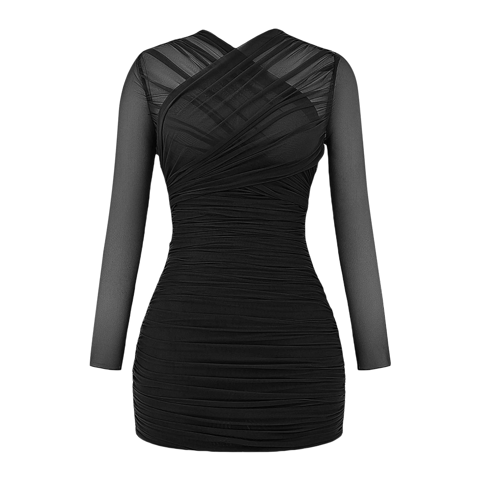 A&A Ruched Mesh Long Sleeve Wrap Front Bodycon Dress Unique Women's Upcycled