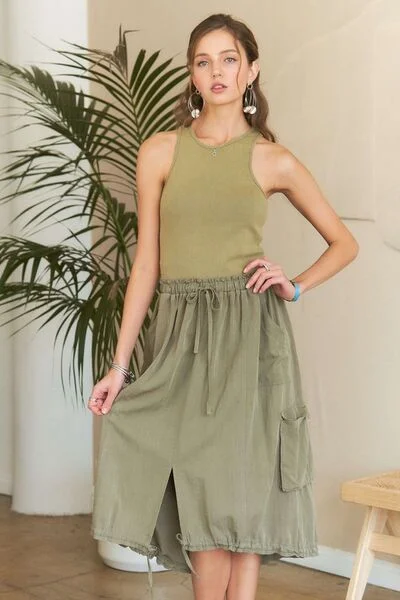 Drawstring Sleeveless Washed Dress Monochromatic Office Style