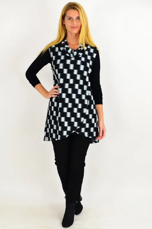 Black Check Fold Over Front Tunic Top Athletic Women's High - 