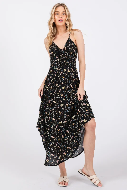 Black Floral Cinched Tie Bust Midi Dress Confident Women's High - fashion