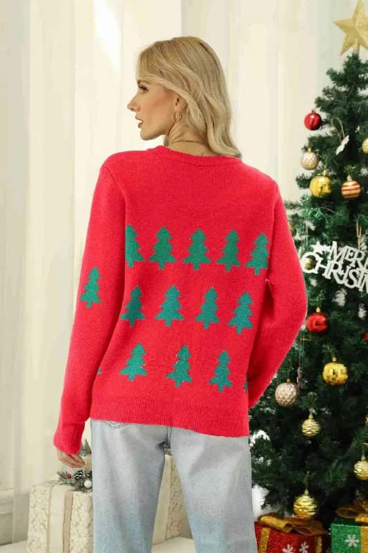 Christmas Tree Round Neck Ribbed Trim Sweater by VYSN Minimalist Women's Casual