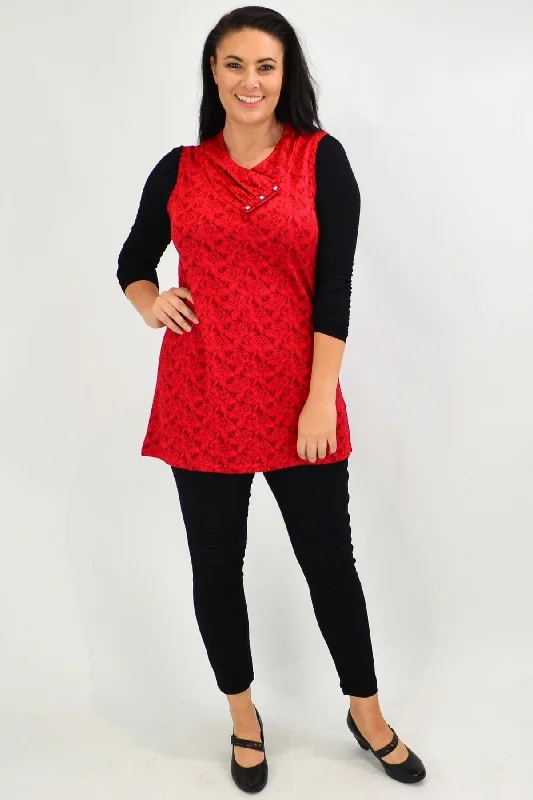 Red Rose Sleeveless Tunic Top Modern Women's 