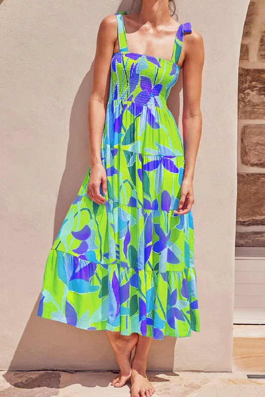 Floral Tie-Shoulder Smocked Midi Dress British Gentlewoman Style