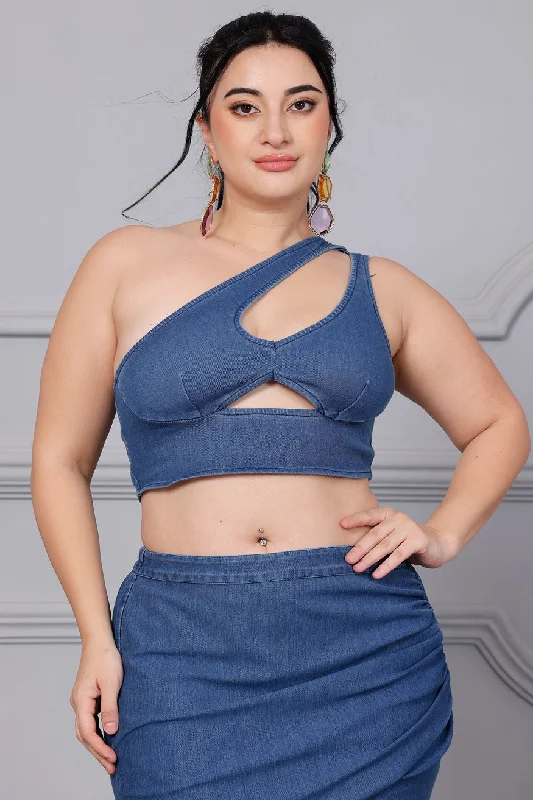 One Shoulder Front Cutout Denim Top Refined Women's Velvet