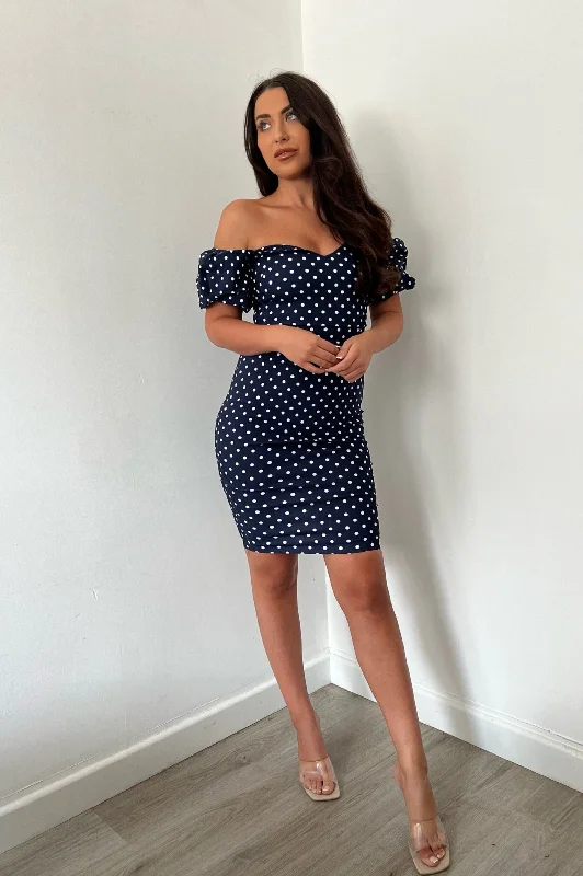 Vesper Anastasia Navy Polka Dot Bardot Midi Dress Minimalist Women's Casual