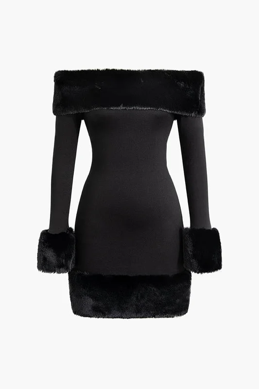 A&A Elegant Fur Off The Shoulder Mini Dress Earthy Women's 