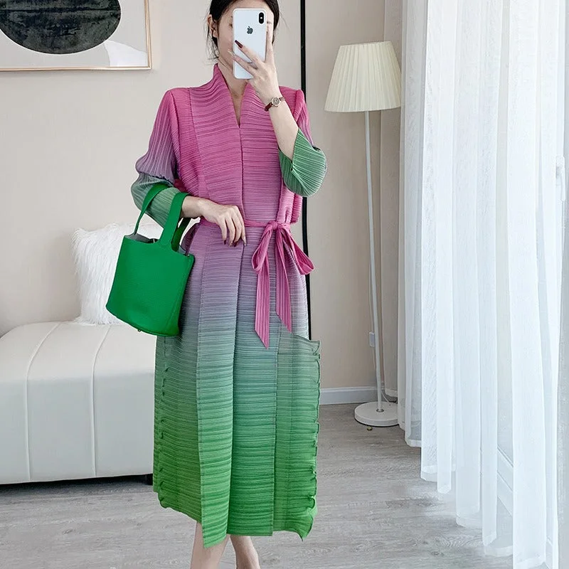 Miyake Pleated Gradient V-Neck Belt Midi Dress Streetwear Style for 