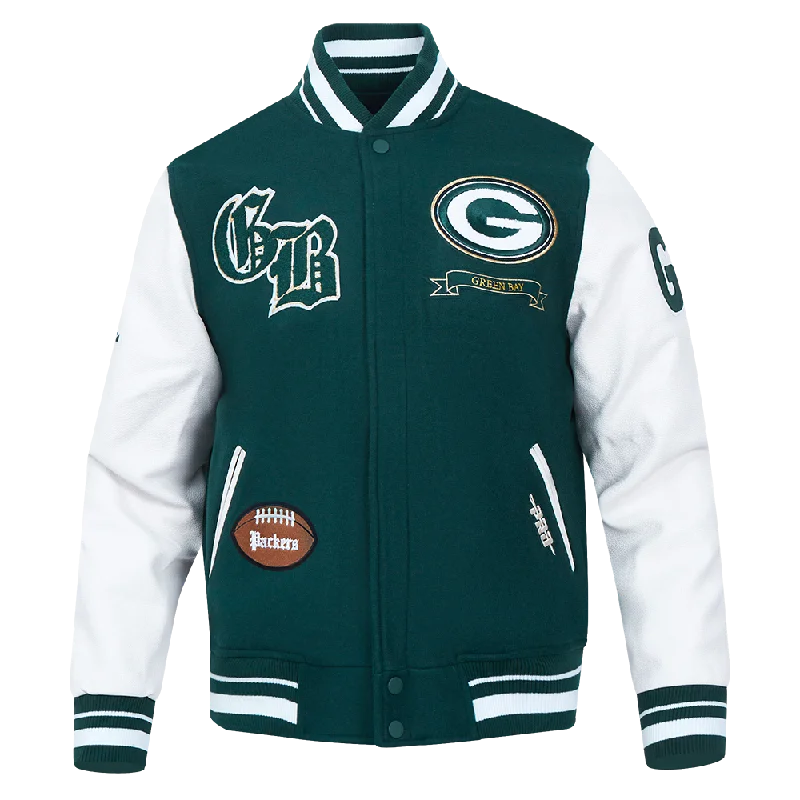 NFL GREEN BAY PACKERS PRO PREP WOOL MEN'S VARSITY JACKET (FOREST GREEN/WHITE) Sustainable Organic NFL GREEN BAY PACKERS PRO PREP WOOL MEN'S VARSITY JACKET (FOREST GREEN/WHITE) Sustainable Organic