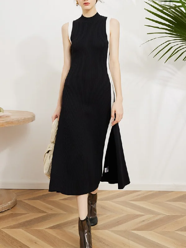 Contrast Stripe Side Split Knitted Dress Streetwear Style for 