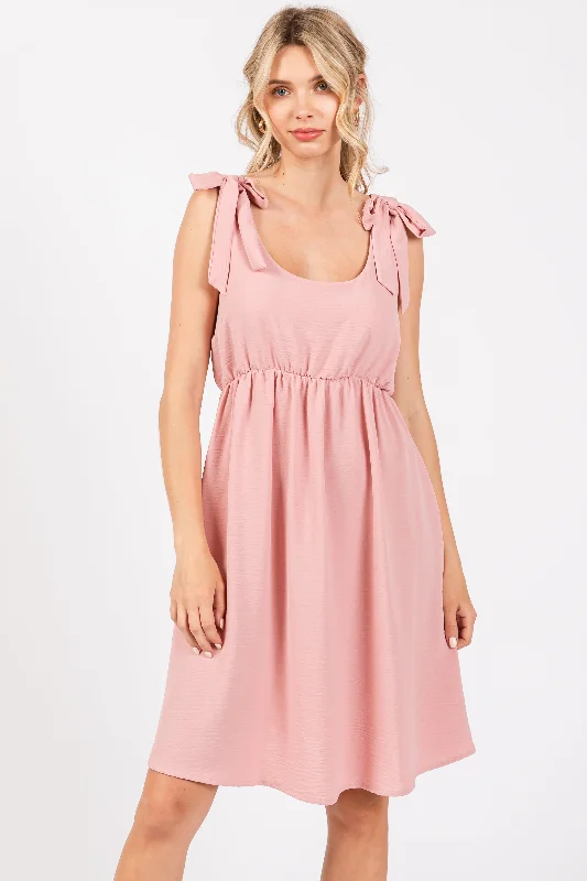 Pink Solid Tie-Shoulder Scoop Neck Dress Elegant Women's Formal 