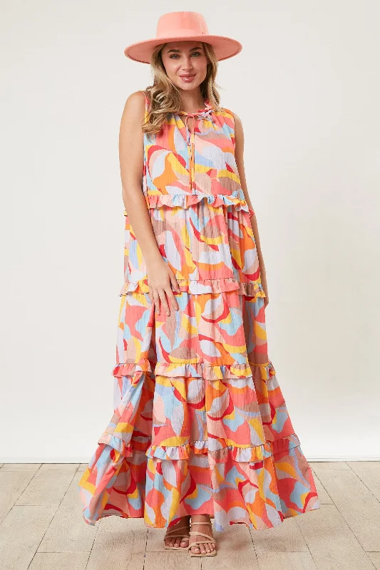 Orange Abstract Ruffle Tiered Maxi Dress Refined Women's 