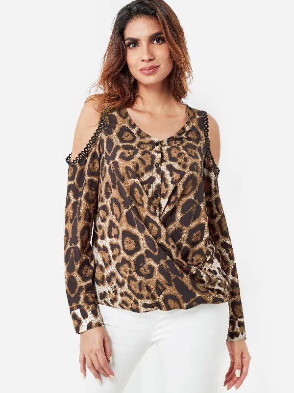 Custom V-Neck Cold Shoulder Leopard Crossed Front Long Sleeve Top Modern Women's 