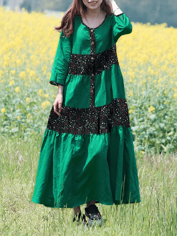Vintage Print Patchwork Button 3/4 Sleeve Maxi Dress Business
