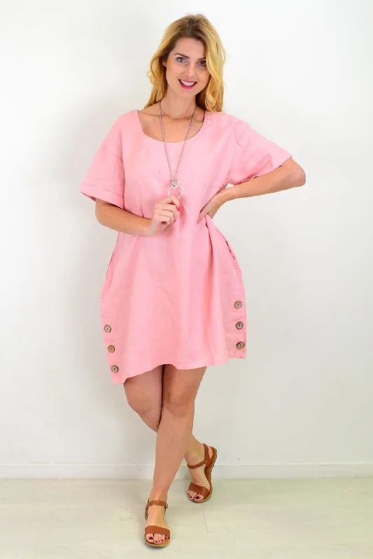 Dusty Pink Lovely Natural Linen Tunic Shift Dress Classic Women's Pin - striped