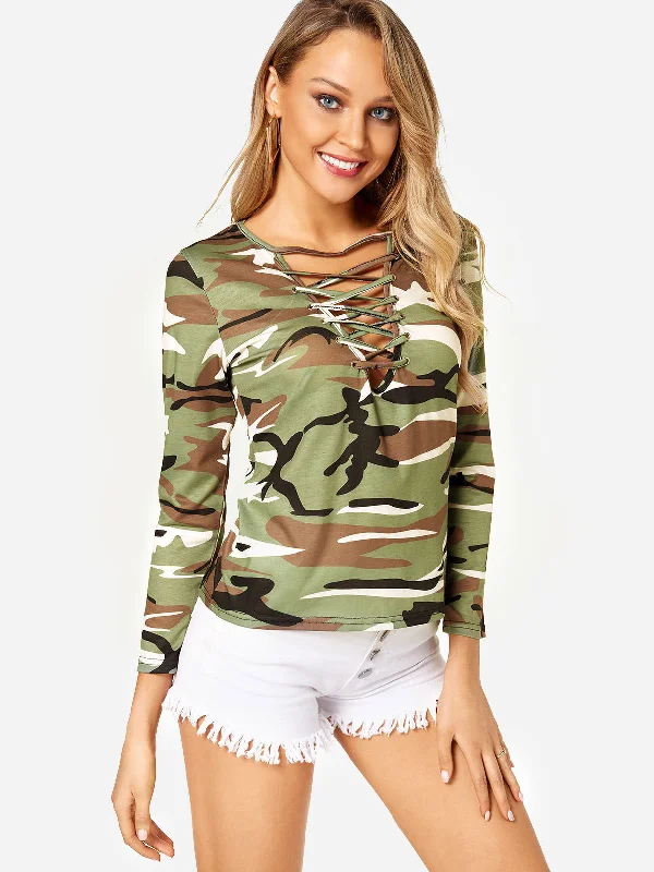 Custom V-Neck Camouflage Long Sleeve Green T-Shirts Classic Women's Tweed