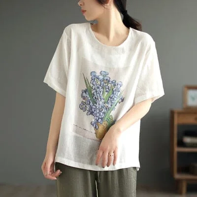 Women Summer Retro Print Linen T-Shirt Trendy Women's 