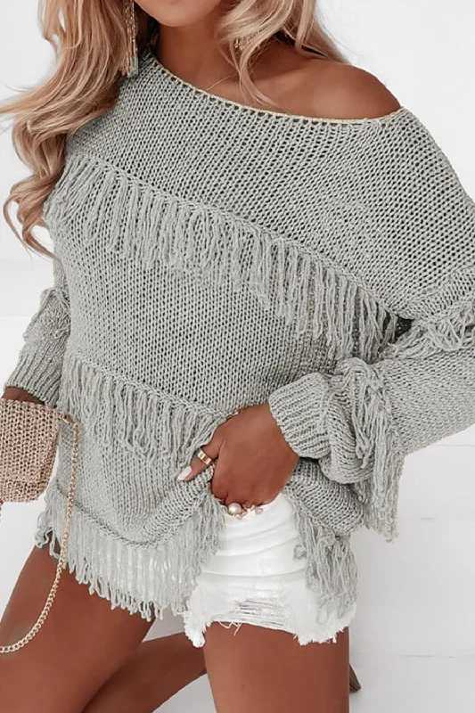 Fringe Boat Neck Long Sleeve Sweater Confident Women's High - fashion