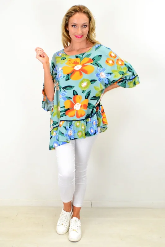 Pretty Poppy Flower Ruffle Sleeve Tunic Top Modern Women's 