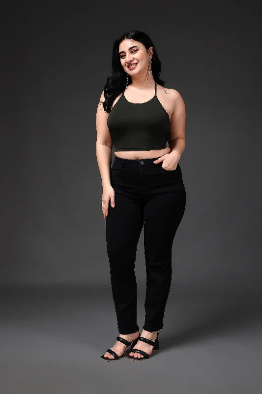 Olive Green Solid Back Tie Crop Top Modern Women's 