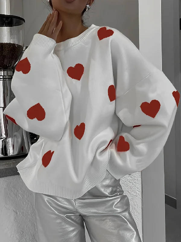 Valentine’s Day Heart Round Neck Long Sleeve Sweater Sophisticated Women's 