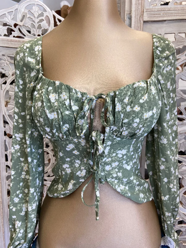 Green Floral Tie Up Top Women