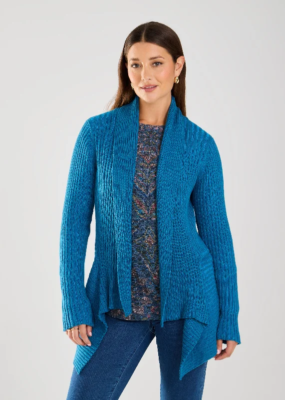 Long-Sleeve Two-Tone Cardigan, Deep Teal Australian Beach
