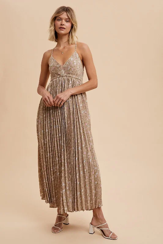 Mocha Floral Pleated Back Cutout Maxi Dress Sharp Women's Italian